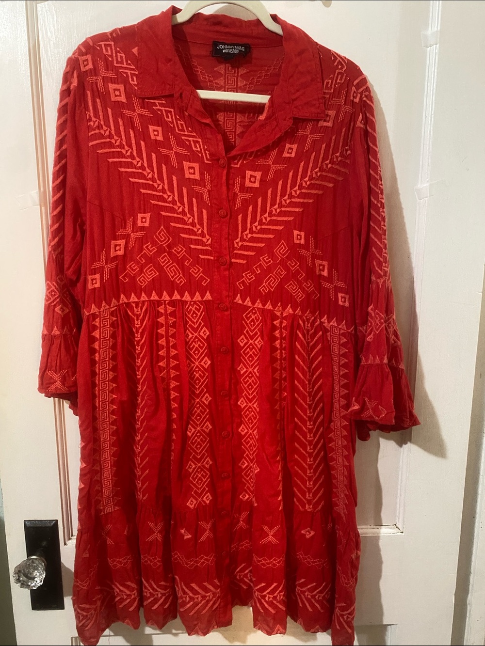 Johnny Was Red Embroidered Button-Front Tunic
